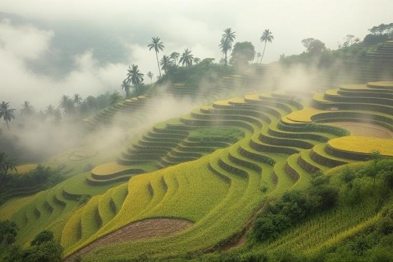 Misty terraced rice fields in Bali, Indonesia