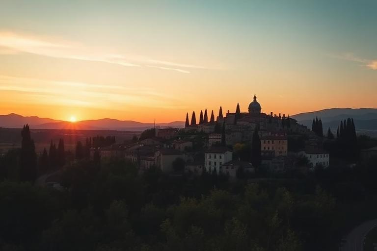 Tuscan hill town silhouetted at sunset in Italy