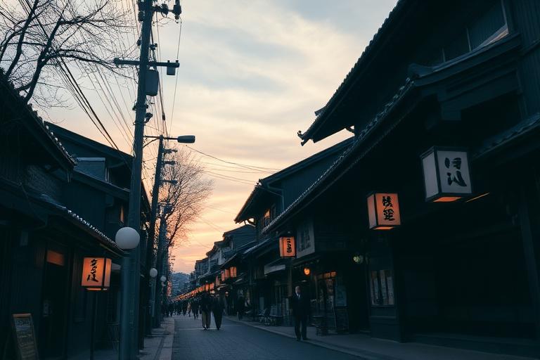 Lantern-lit traditional street in Kyoto, Japan at dusk