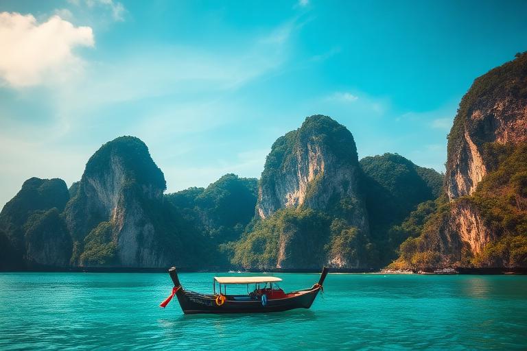 Longtail boat on turquoise water beside limestone cliffs in Thailand